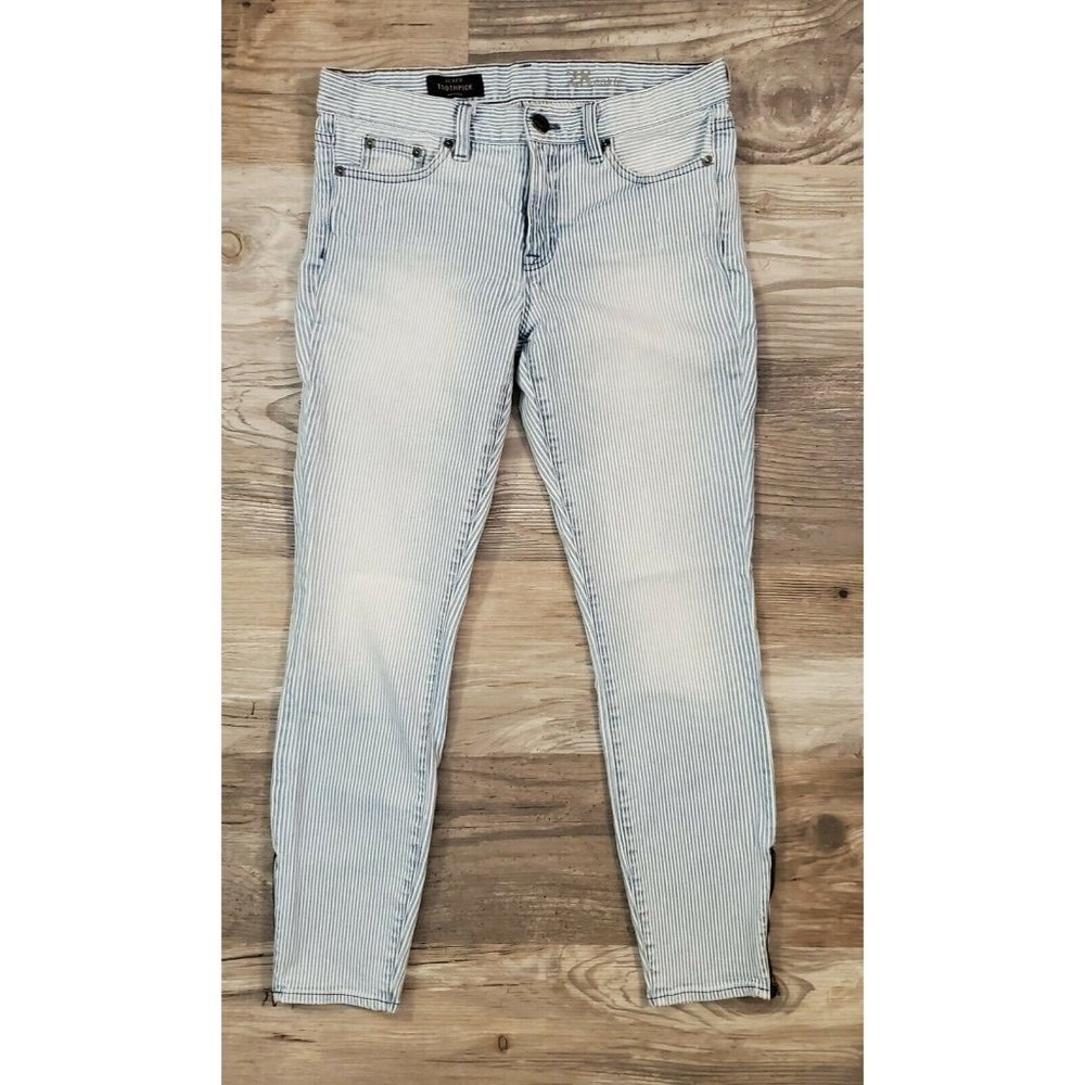 Women’s J.Crew Toothpick Pinstriped Skinny Jeans Railroad Wash Ankle Zip Size 28